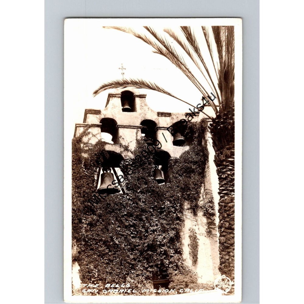 Vintage Postcard Sepia The Bells San‎ Gabriel Mission California RPPC